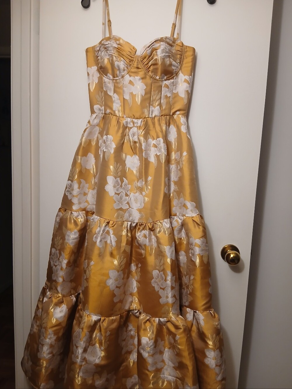 V. Chapman Gold and White Floral Satin Dress with  Adjustable Straps
